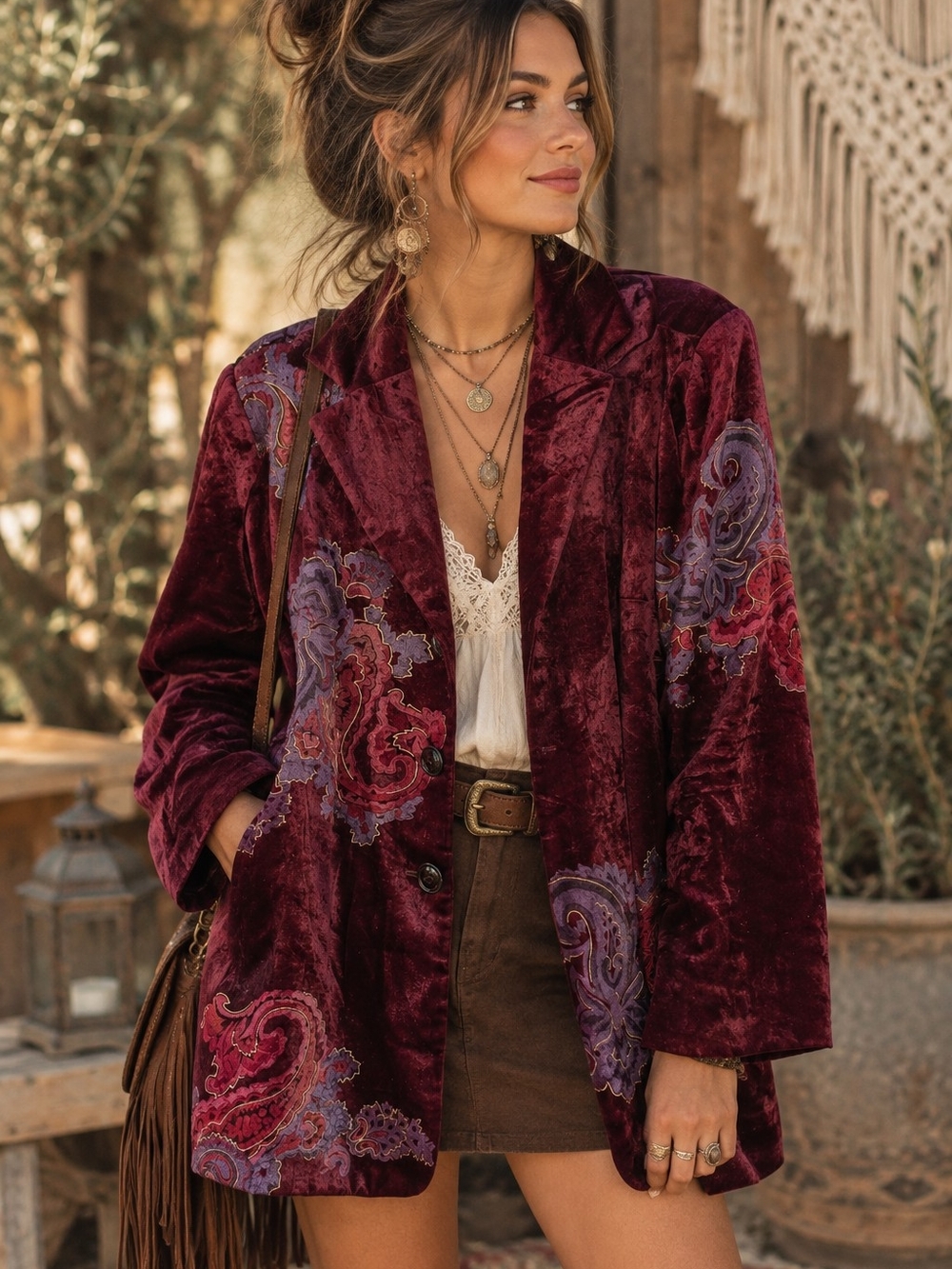 Coldwater Creek Velvet Embroidered Blazer Jacket in Burgundy Boho